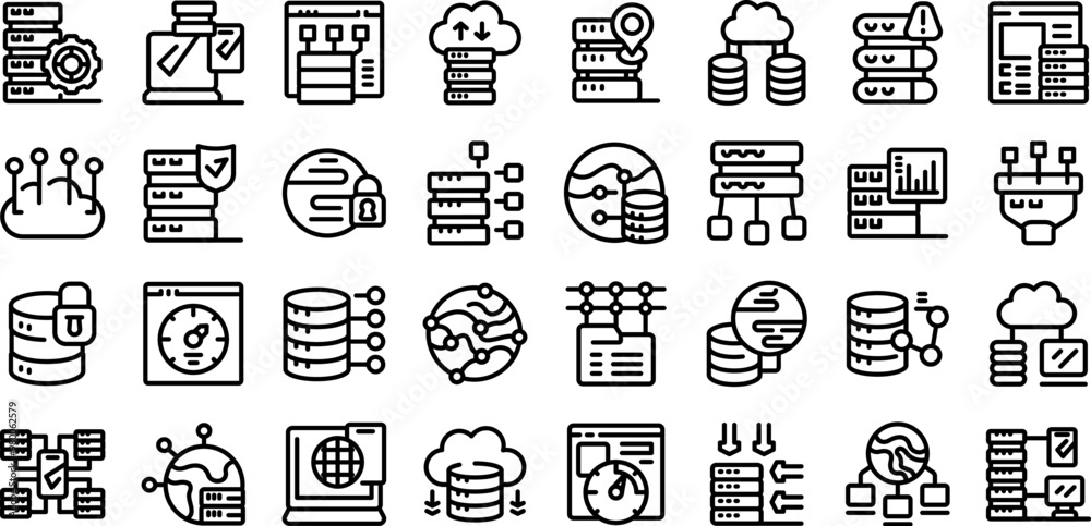 Poster cdn icons set. data center icons showing cloud storage and data processing capabilities in a thin li