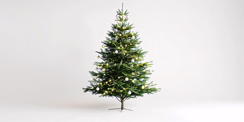 Fototapeta premium Decorated Christmas Tree with white ornaments and lights on white background. Generative Ai