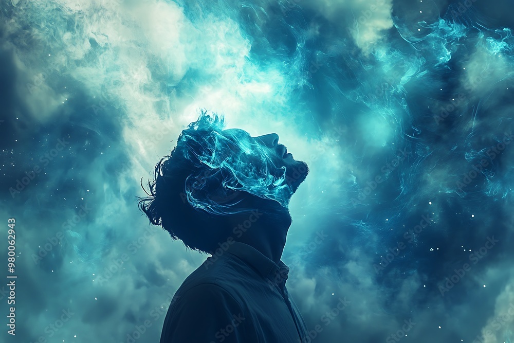 Poster Abstract surreal portrait of man with glowing head in cloudy sky. Concept of ideas, inspiration, imagination, and creativity