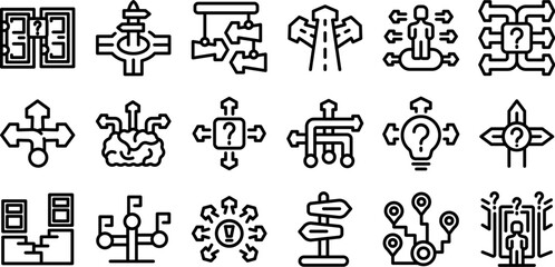 Choosing multiple directions icons set. Choosing path direction way signpost decision making icons set outline vector