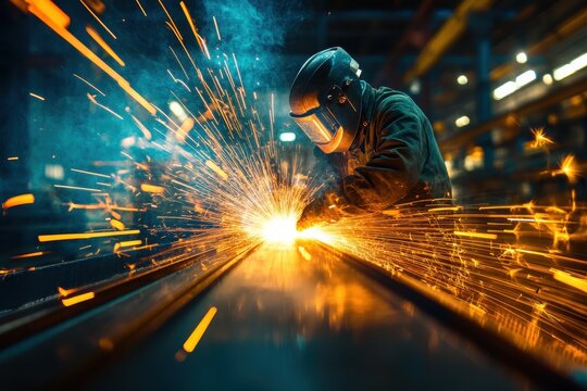 Factory welder in a mask works quickly with steel