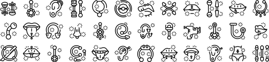 Piercing jewelry icons set. This set of icons offers a variety of piercing options, showcasing both the tools used and the body parts that can be adorned