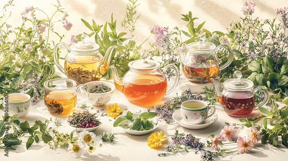 Canvas Prints  A table featuring cups of tea and various teapots filled with diverse flower and plant arrangements