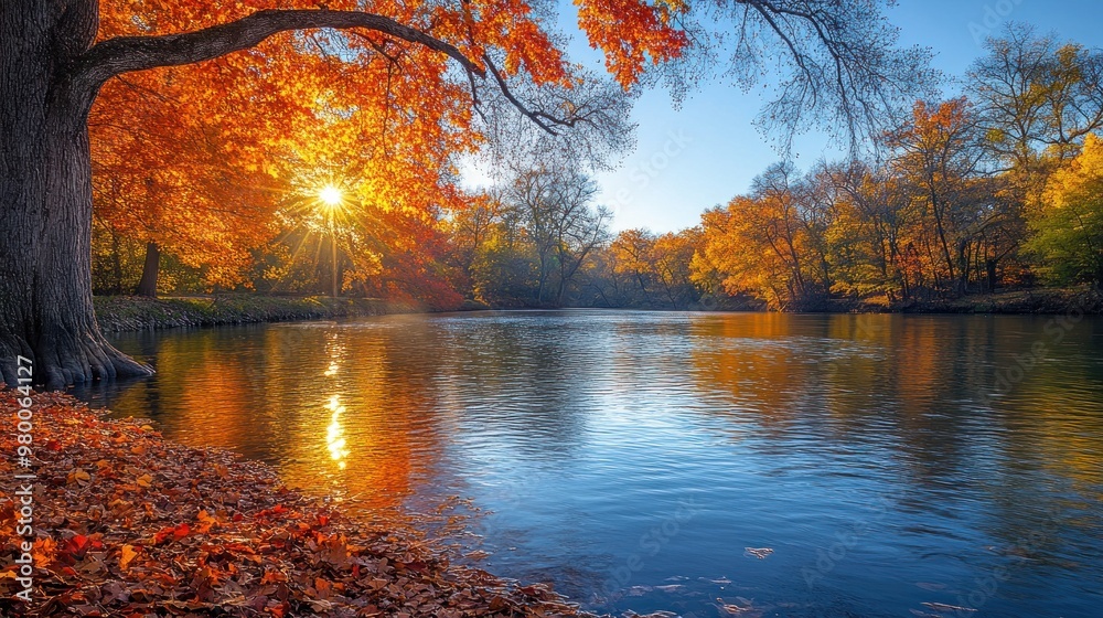 Canvas Prints autumn river with golden leaves