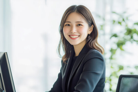 A confident businesswoman smiles while sitting at her desk in a bright, modern office, radiating positivity and professionalism.