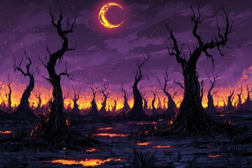Fototapeta premium Silhouetted Trees in a Burning Forest with a Crescent Moon