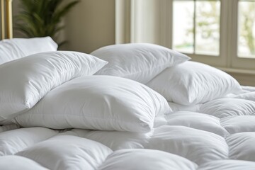 Fluffy white cushions and comforter on bed