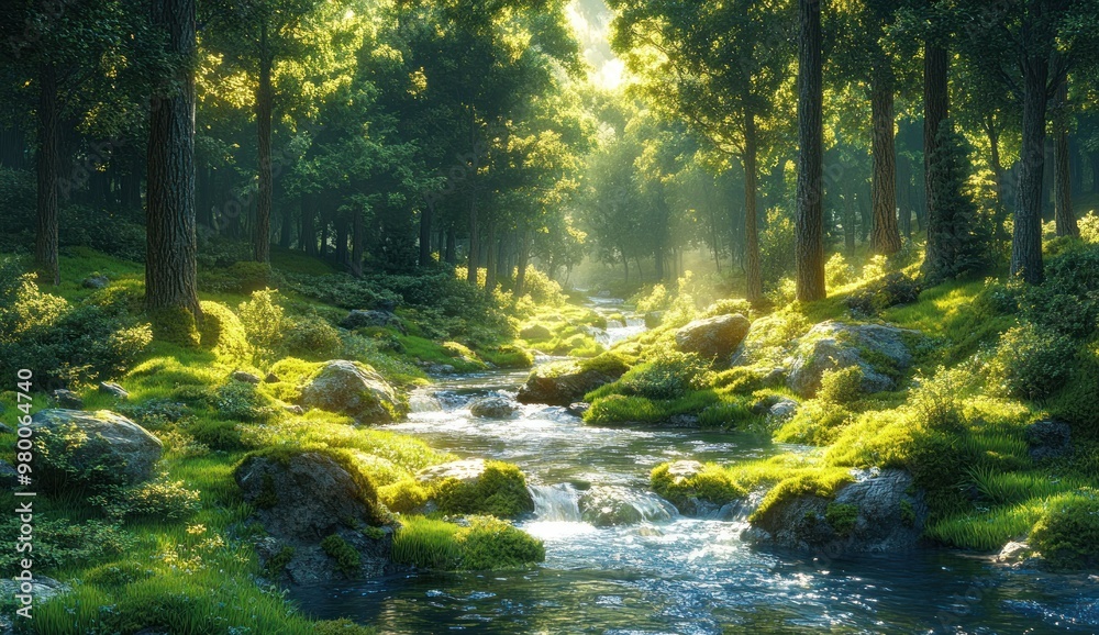 Wall mural sunlit stream through forest