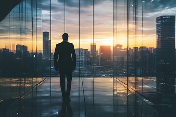 Fototapeta premium Silhouette of businessman walking towards the sunrise over the city skyline