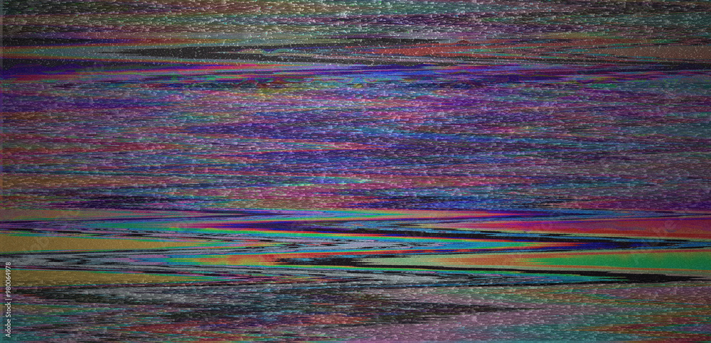 Fototapete Digital representation of a television screen with static interference, displaying various colored lines and patterns. A monitor that shows failures, malfunctions, and lack of a clear signal.