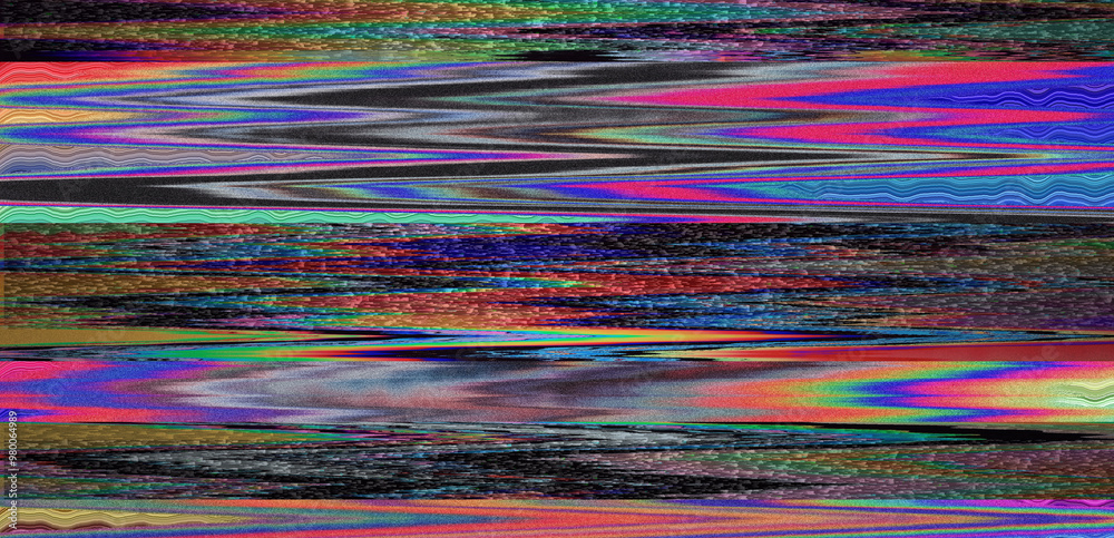 Aufkleber Digital representation of a television screen with static interference, displaying various colored lines and patterns. A monitor that shows failures, malfunctions, and lack of a clear signal.
