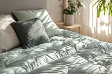 Obraz premium Fresh light green mattress on gray bed inside