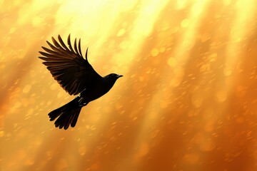 Fototapeta premium Black Bird Silhouette Flying Through Golden Light
