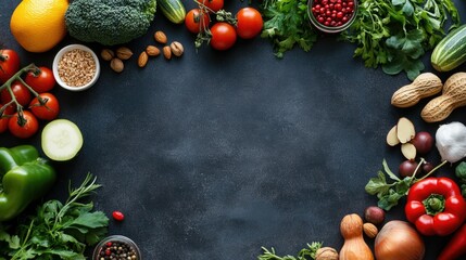 Fresh fruits, vegetables, nuts and herbs on dark background. Focus on natural products. Healthy lifestyle and diabetes prevention. Healthy eating and diabetes awareness concept. AI