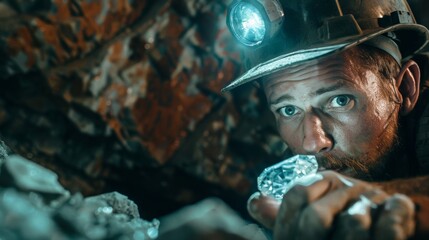 Miner finding a diamond inside a mine cave