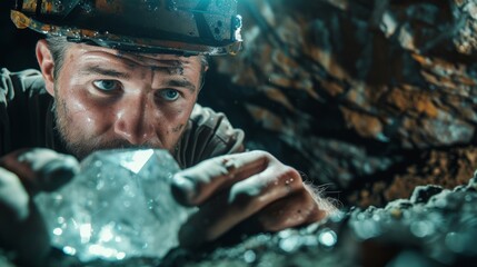 Miner finding a diamond inside a mine cave