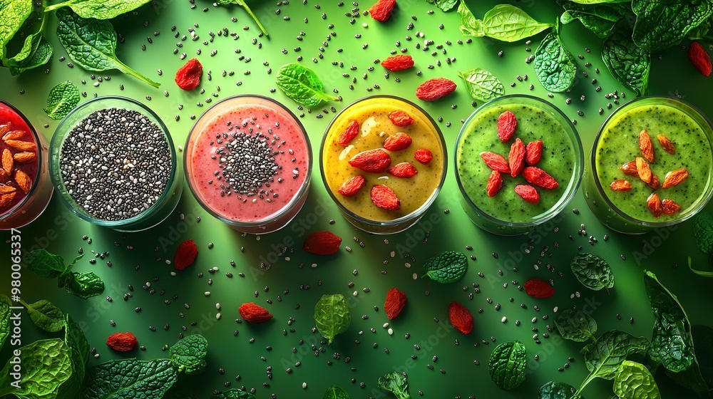 Sticker   A bowl of various smoothies sitting on a green surface with foliage