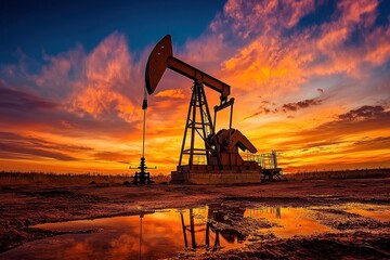 Functional oil and gas well in a distant location framed by a vibrant sunset