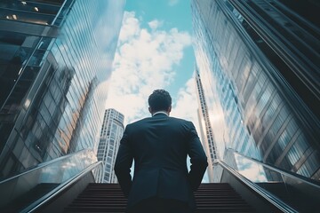 Businessman standing on stairs looking at tall skyscrapers with sky background. Concept of ambition, career, success, and urban landscape