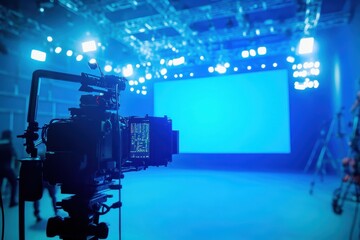 Fuzzy visuals of studio filming blue screen techniques and a professional crew using equipment like cranes and large lights