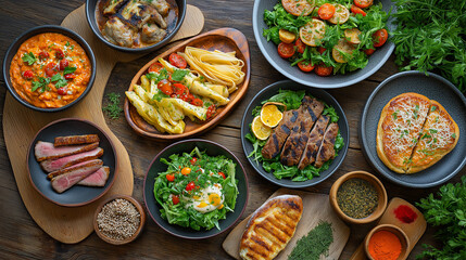 Culinary Feast: Rustic Comfort Food, Vibrant Colors, Appetizing Dishes, Cozy Ambiance, Fresh Ingredients