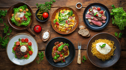 Culinary Feast: Rustic Comfort Food, Vibrant Colors, Appetizing Dishes, Cozy Ambiance, Fresh Ingredients