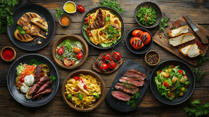 Culinary Feast: Rustic Comfort Food, Vibrant Colors, Appetizing Dishes, Cozy Ambiance, Fresh Ingredients