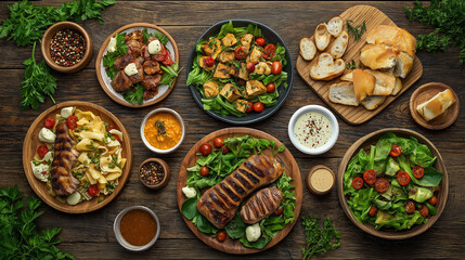 Culinary Feast: Rustic Comfort Food, Vibrant Colors, Appetizing Dishes, Cozy Ambiance, Fresh Ingredients