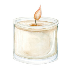 Candle in a glass beaker. Watercolor Clip Art on a white background. The illustration is hand drawn in pastel colors. Suitable for card designs, textiles and scrapbooking.