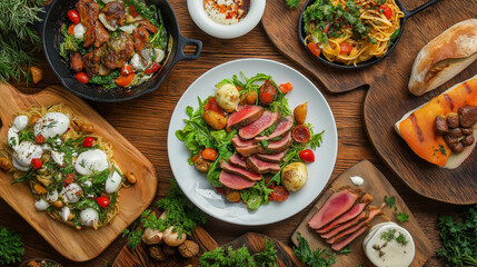 Culinary Feast: Rustic Comfort Food, Vibrant Colors, Appetizing Dishes, Cozy Ambiance, Fresh Ingredients