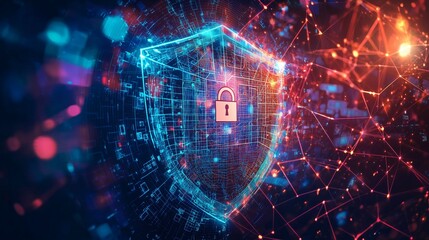 Obraz premium A digital shield with a lock symbol, representing cyber defense and data protection in a networked environment.