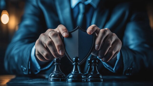 A businessperson in a suit holds a shield in front of chess pieces, symbolizing corporate cyber risk management and strategic protection.