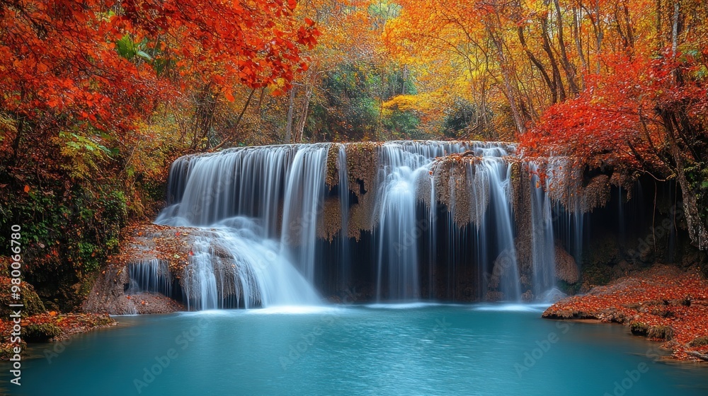 Wall mural serene waterfall in autumn forest