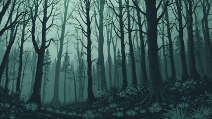 Naklejka premium dark forest minimalist illustration eerie scary background