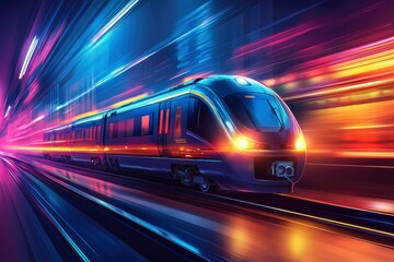 Fototapeta premium A Modern High-Speed Train Blazing Through a City at Night