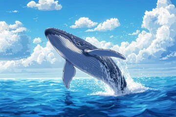 Fototapeta premium Humpback Whale Leaping from the Ocean with White Clouds in the Background