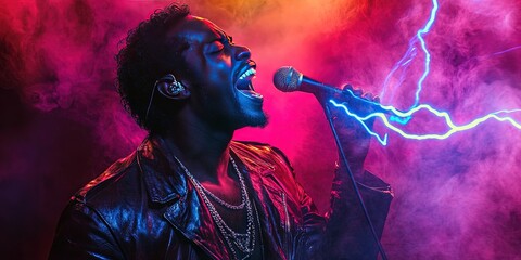 black man rock star singing colorful music in colorful electricity,