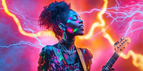 black woman rock star singing colorful music in colorful electricity, 