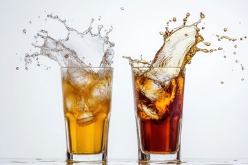 Iced coffee and tea splash from a tall glass against a white backdrop captured in high speed motion