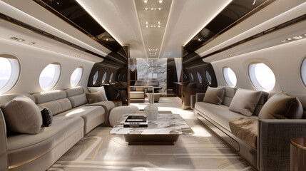 Fototapeta premium Luxurious private jet interior with white and beige sofas, a marble coffee table, and a dark wood accent wall. Generative Ai