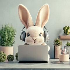 A determined Easter bunny glasses perched on its nose tackles coding challenges on a computer