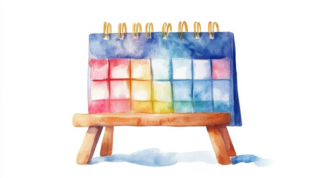 A colorful watercolor calendar showcasing vibrant squares on an easel, perfect for creativity and organization themes.