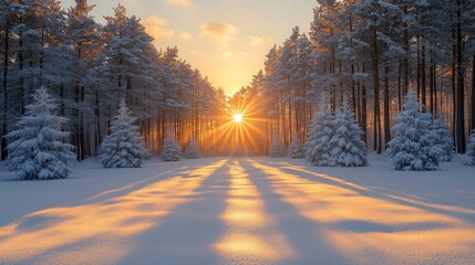 Sunrise in a Snowy Forest