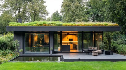 Compact cube house design with an eco-friendly green roof, expansive glass doors revealing a peaceful patio, set in a serene natural landscape