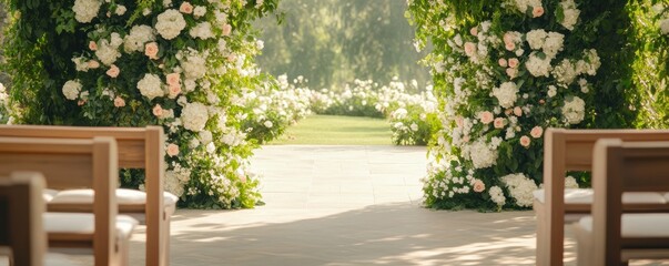 A scenic wedding venue adorned with lush floral arrangements, creating a romantic and inviting atmosphere for special moments.