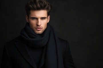 Image of a male fashion model dressed in chic black attire with a scarf