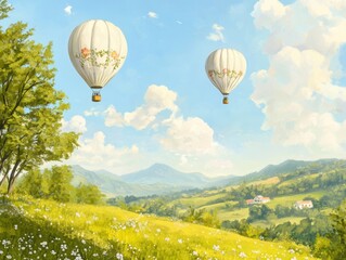 Naklejka premium A serene landscape featuring colorful hot air balloons soaring over green fields and distant mountains under a bright blue sky.