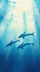 Fototapeta premium A serene underwater scene featuring three dolphins gracefully swimming under beams of sunlight, creating a tranquil atmosphere.