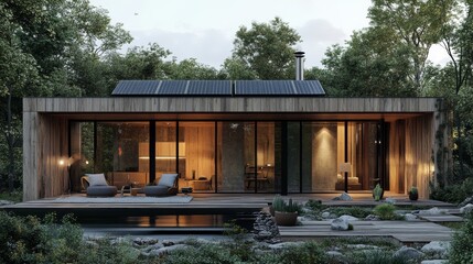 Contemporary cube house, modular two-story build, natural wood paneling, rooftop solar panels, minimalist and energy-efficient design in a tranquil setting