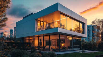 Obraz premium Contemporary cube house with large reflective glass panels, geometric precision, and sharp edges, set against an urban skyline, showcasing a modern aesthetic